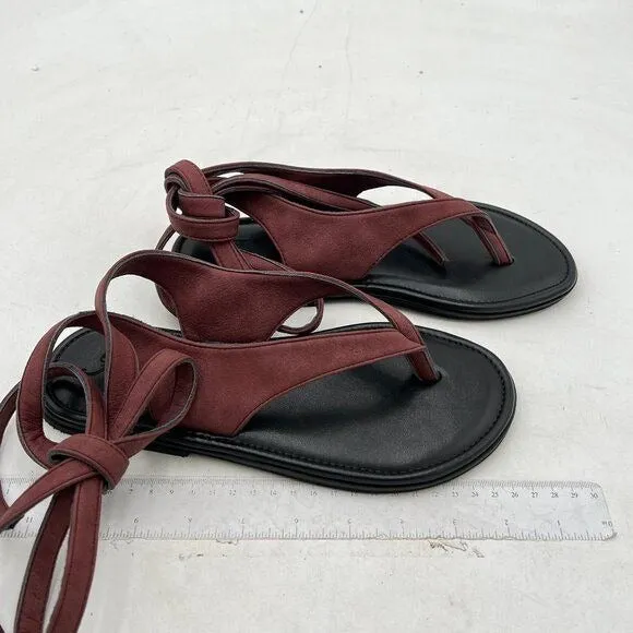 FOWT Wine Split Round Toe Sandals Lace up Strappy Flats Soft Flip Flop Shoes