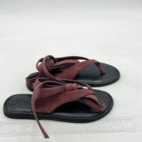 FOWT Wine Split Round Toe Sandals Lace up Strappy Flats Soft Flip Flop Shoes