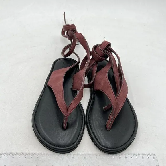 FOWT Wine Split Round Toe Sandals Lace up Strappy Flats Soft Flip Flop Shoes