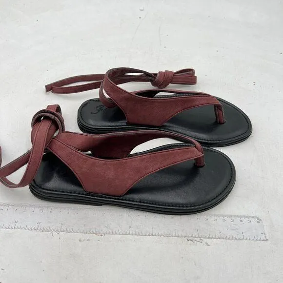 FOWT Wine Split Round Toe Sandals Lace up Strappy Soft Flip Flop Casual Shoes