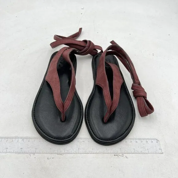 FOWT Wine Split Round Toe Sandals Lace up Strappy Soft Flip Flop Casual Shoes
