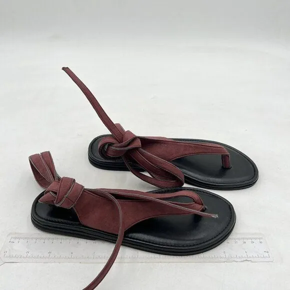 FOWT Wine Split Round Toe Sandals Lace up Strappy Soft Flip Flop Casual Shoes