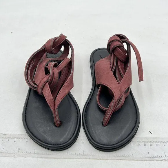 FOWT Wine Split Round Toe Sandals Lace up Strappy Soft Flip Flop Casual Shoes