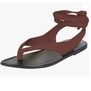 FOWT Wine Split Round Toe Sandals Lace up Strappy Soft Flip Flop Casual Shoes