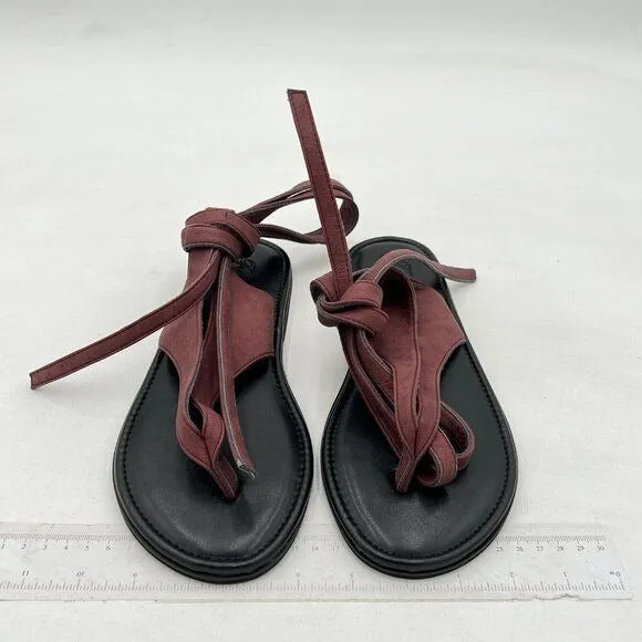 FOWT Wine Split Round Toe Sandals Lace up Strappy Soft Flip Flop Casual Shoes