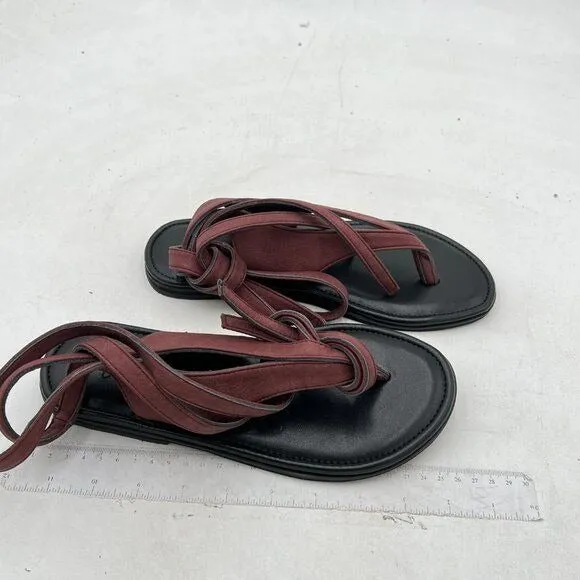 FOWT Wine Split Round Toe Sandals Lace up Strappy Soft Flip Flop Flats Shoes