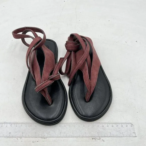 FOWT Wine Split Round Toe Sandals Lace up Strappy Soft Flip Flop Flats Shoes