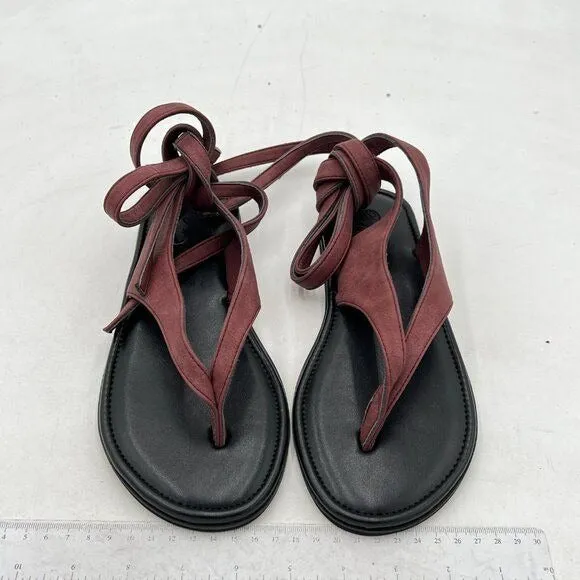 FOWT Wine Women Split Round Toe Sandals Lace up Strappy Soft Flip Flop Shoes