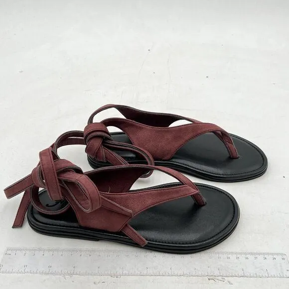 FOWT Wine Women Split Round Toe Sandals Lace up Strappy Soft Flip Flop Shoes