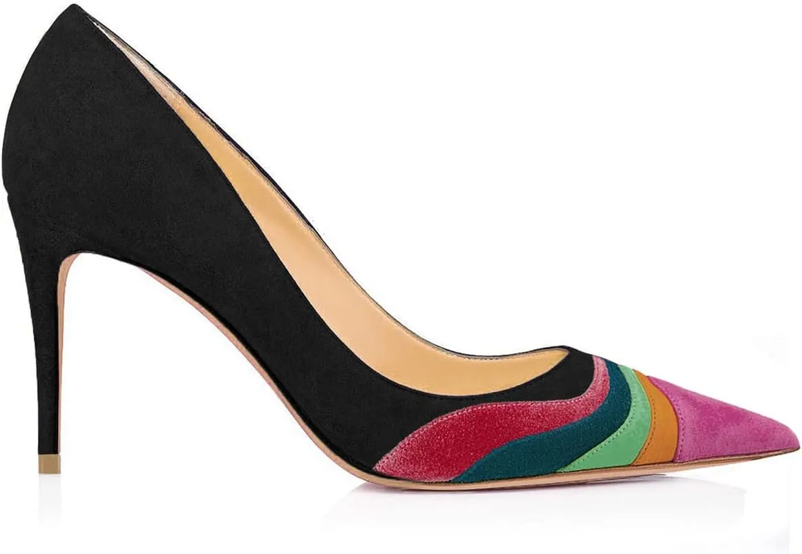 FOWT Women Kitten Heels Pumps High Heel Pointed Toe Pump Slip-on Rainbow Shoes for Dress Party Girl Ladies Full Size 4-16 M US