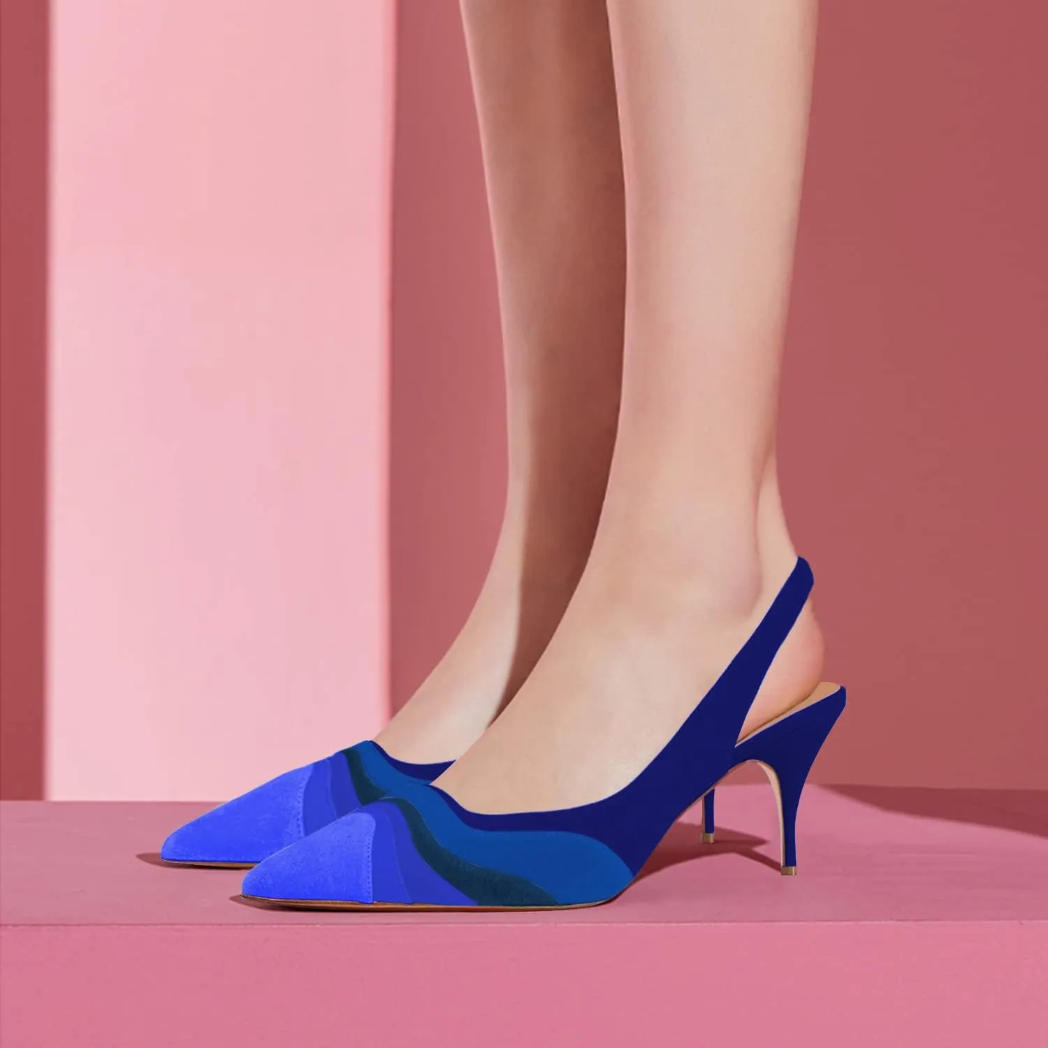 FOWT Women Pointed Toe Kitten Heeled Slingback Pumps Rainbow Color Stripes Elastic Band Mules Ladies Multicolored Slip on High Heel Sandals for Dress Date Prom 4-16