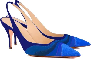 FOWT Women Pointed Toe Kitten Heeled Slingback Pumps Rainbow Color Stripes Elastic Band Mules Ladies Multicolored Slip on High Heel Sandals for Dress Date Prom 4-16