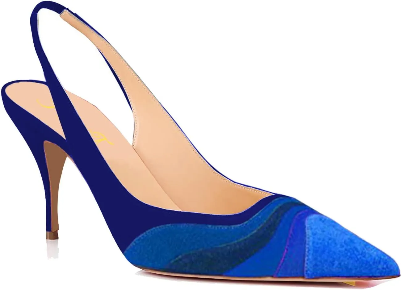 FOWT Women Pointed Toe Kitten Heeled Slingback Pumps Rainbow Color Stripes Elastic Band Mules Ladies Multicolored Slip on High Heel Sandals for Dress Date Prom 4-16