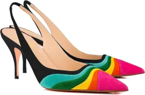 FOWT Women Pointed Toe Kitten Heeled Slingback Pumps Rainbow Color Stripes Elastic Band Mules Ladies Multicolored Slip on High Heel Sandals for Dress Date Prom 4-16
