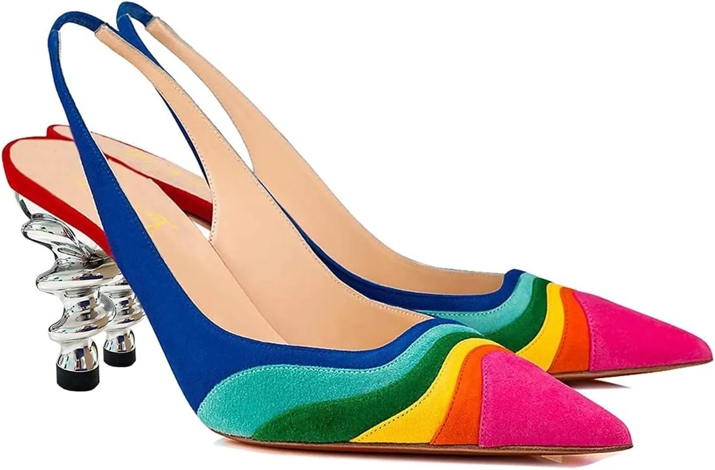 FOWT Women Rainbow Color Stripes Strange Spiral High Heel Pumps Slip On Pointed Toe Slingback Sandals Fashion Shoes 4-16