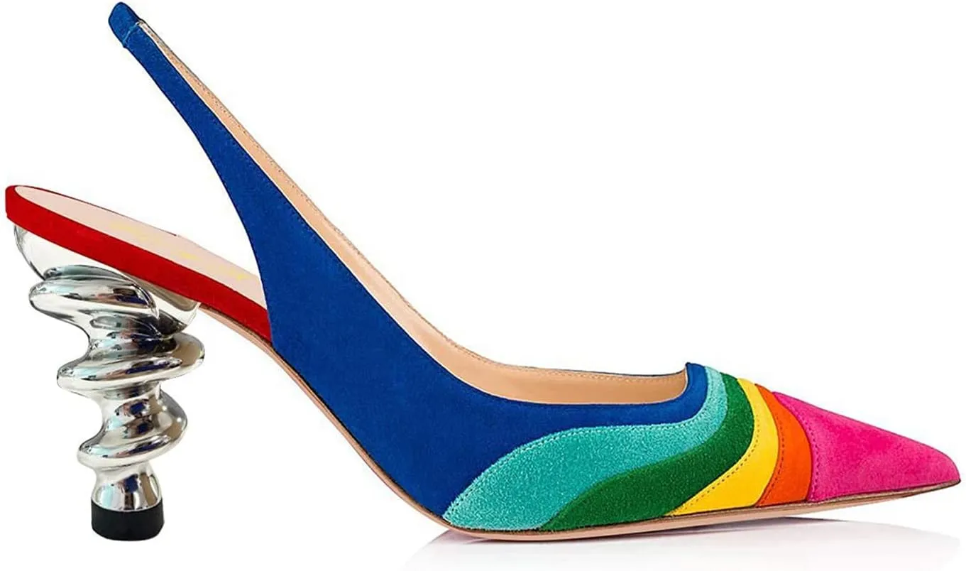 FOWT Women Rainbow Color Stripes Strange Spiral High Heel Pumps Slip On Pointed Toe Slingback Sandals Fashion Shoes 4-16