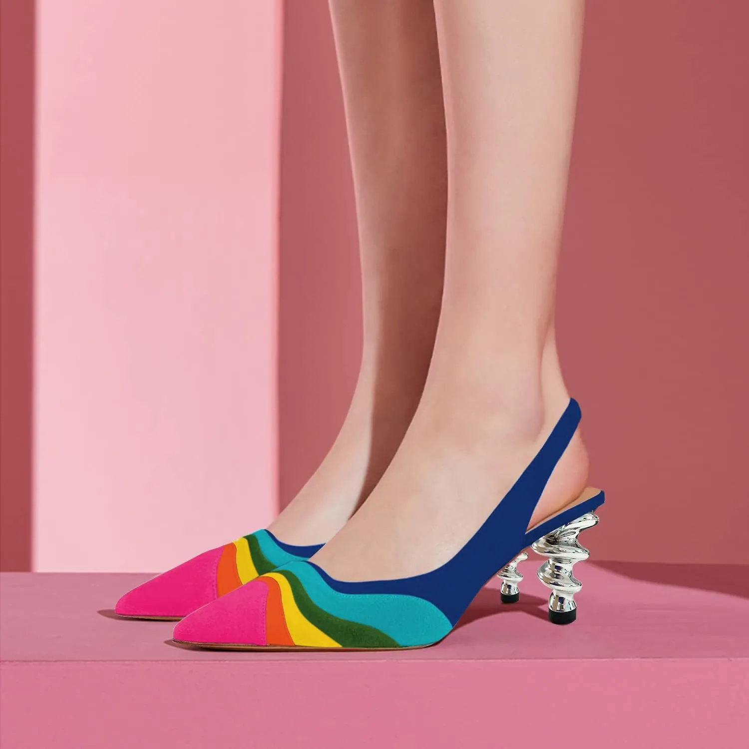 FOWT Women Rainbow Color Stripes Strange Spiral High Heel Pumps Slip On Pointed Toe Slingback Sandals Fashion Shoes 4-16