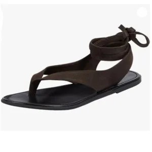 FOWT Women Split Round Toe Sandals Lace up Strappy Comfortable Flats Brown