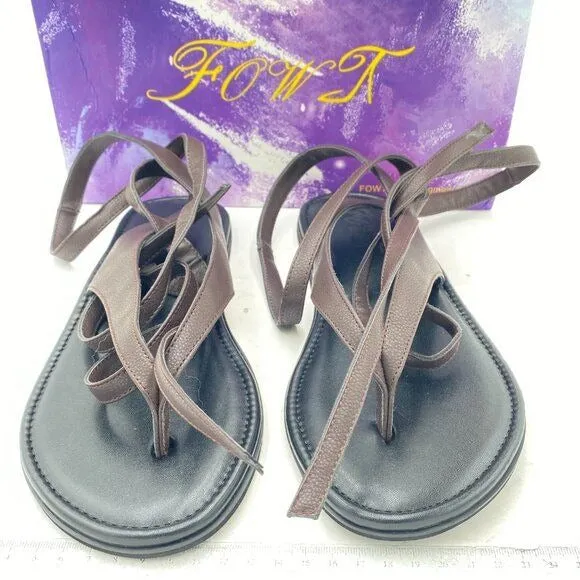 FOWT Women Split Round Toe Sandals Lace up Strappy Flats Casual Brown