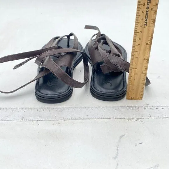 FOWT Women Split Round Toe Sandals Lace up Strappy Flats Casual Brown