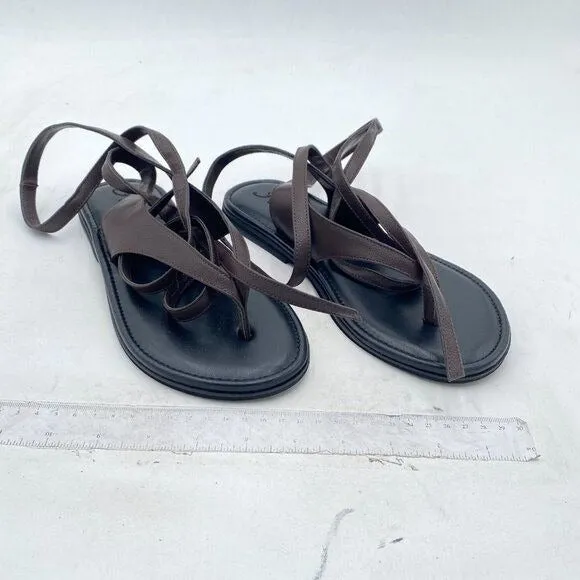 FOWT Women Split Round Toe Sandals Lace up Strappy Flats Casual Brown