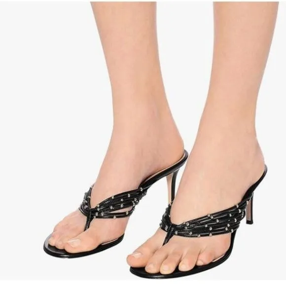 FSJ Black Sexy Beaded Trim Strappy Slide Sandals Open Toe Thong Flip Flops Mules
