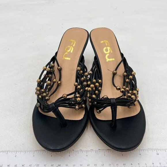 FSJ Black Sexy Beaded Trim Strappy Slide Sandals Open Toe Thong Flip Flops Mules