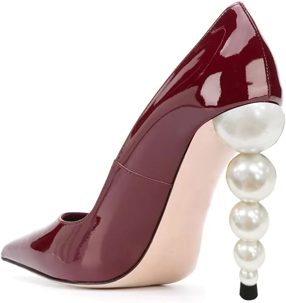 FSJ Slip On Pearl Beaded High Heel Slip On Pump Pointed Toe Mirror Effect Classic Party Club Shoe for Women 4-15 US