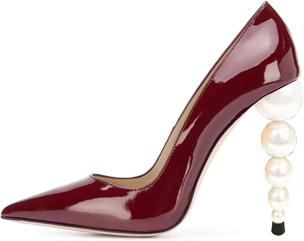 FSJ Slip On Pearl Beaded High Heel Slip On Pump Pointed Toe Mirror Effect Classic Party Club Shoe for Women 4-15 US