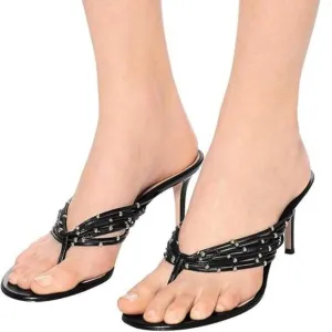 FSJ Women Sexy Beaded Trim Strappy Slide Sandals Open Toe Thong Stiletto Flip Fl