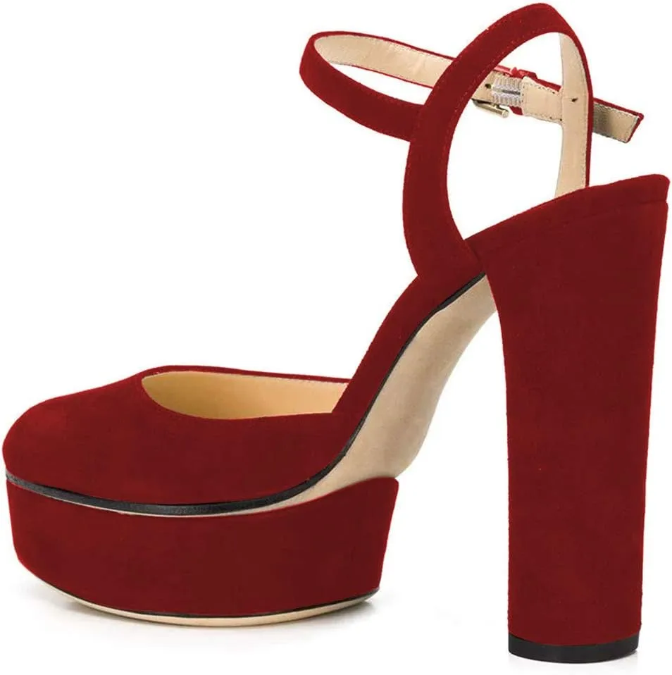 FSJ Women Sexy Platform Pumps Chunky High Heels Slingback Sandals Closed Round Toe Pump with Buckle Ankle Straps Bridal Party Dress Shoes Size 4-15 US