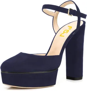 FSJ Women Sexy Platform Pumps Chunky High Heels Slingback Sandals Closed Round Toe Pump with Buckle Ankle Straps Bridal Party Dress Shoes Size 4-15 US