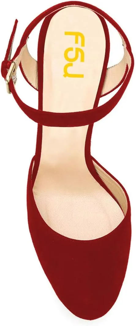 FSJ Women Sexy Platform Pumps Chunky High Heels Slingback Sandals Closed Round Toe Pump with Buckle Ankle Straps Bridal Party Dress Shoes Size 4-15 US