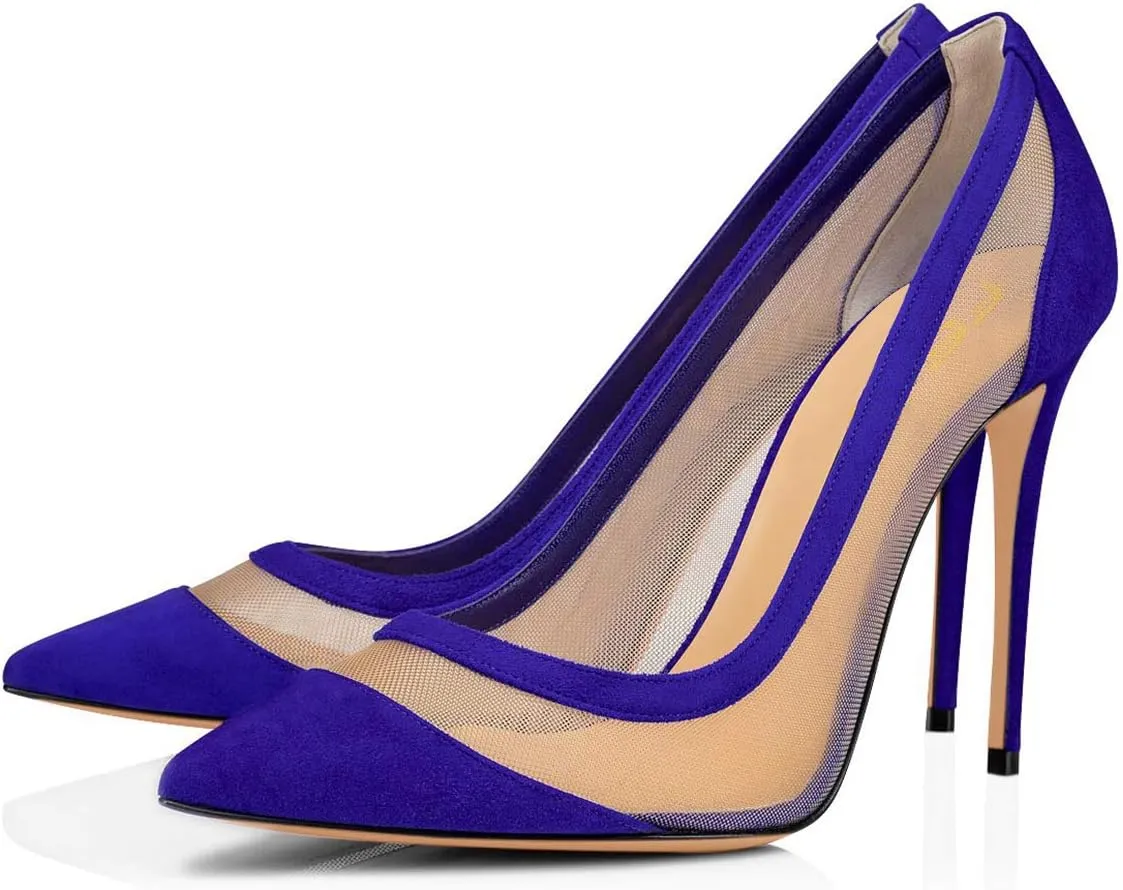 FSJ Women Sexy Rhinestones Stilettos High Heels Pointed Toe Slip On Pump Trendy Suede Mesh Party Office Dress Shoes Size 4-15 US