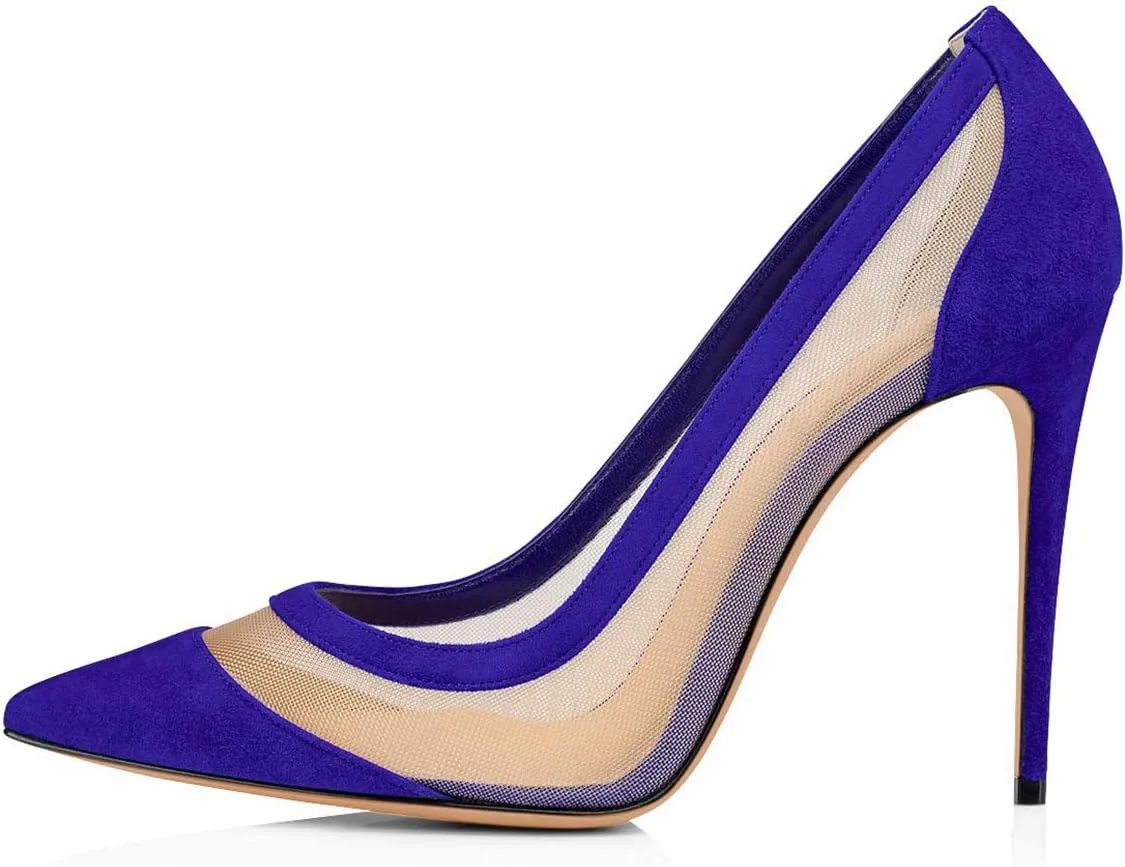 FSJ Women Sexy Rhinestones Stilettos High Heels Pointed Toe Slip On Pump Trendy Suede Mesh Party Office Dress Shoes Size 4-15 US