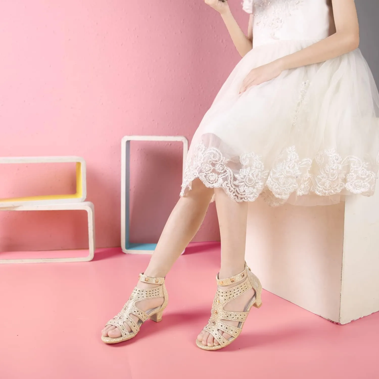 Girls High Heels Dress Pump Sandals Glitter Wedding Flower Party Princess Shoes for Kids Toddler