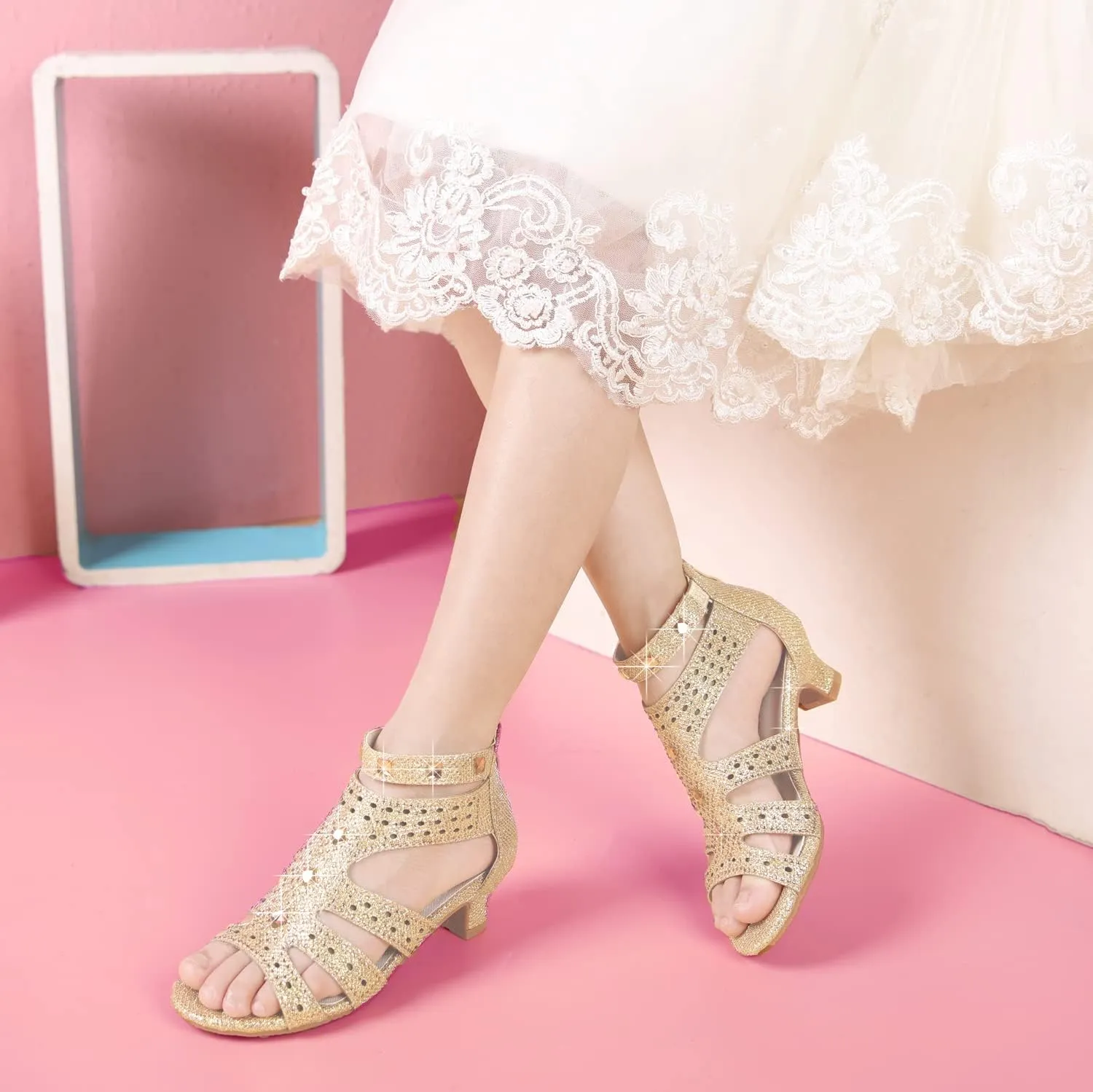 Girls High Heels Dress Pump Sandals Glitter Wedding Flower Party Princess Shoes for Kids Toddler
