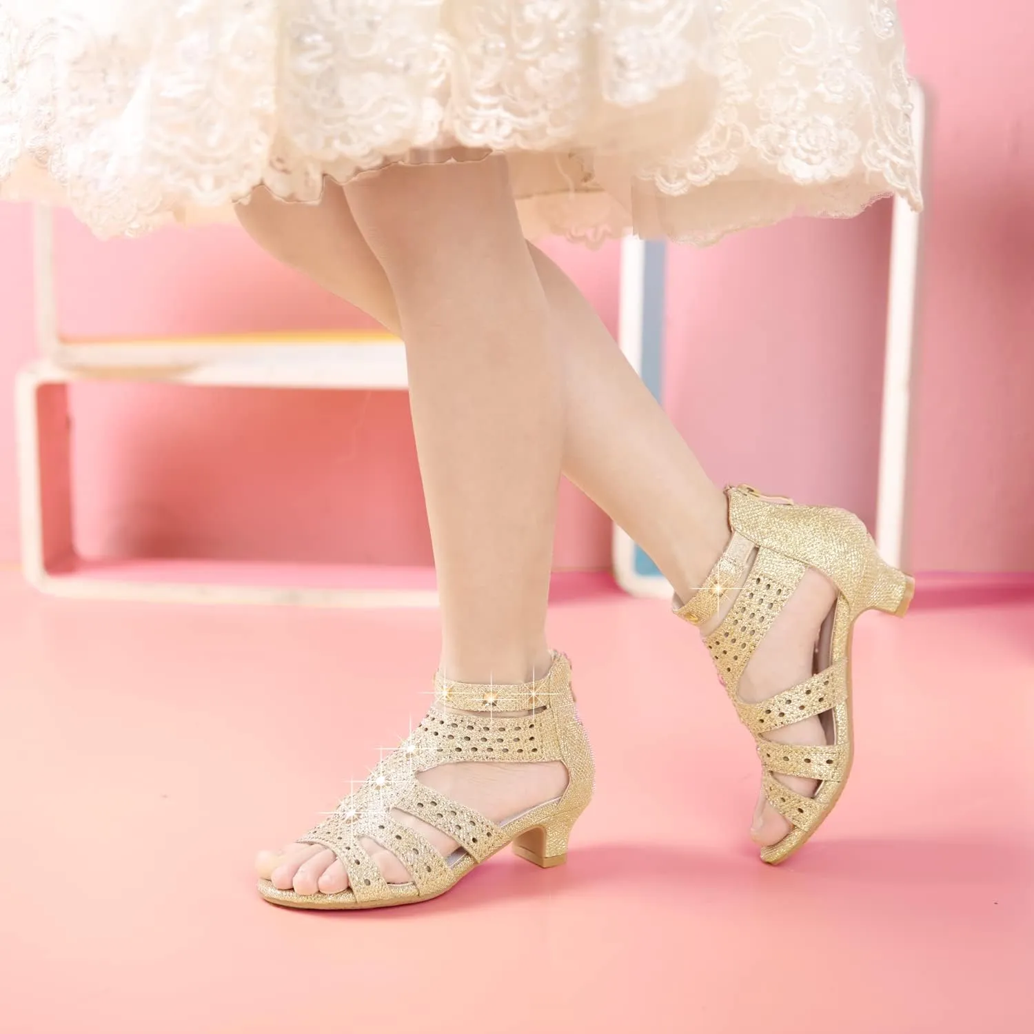 Girls High Heels Dress Pump Sandals Glitter Wedding Flower Party Princess Shoes for Kids Toddler