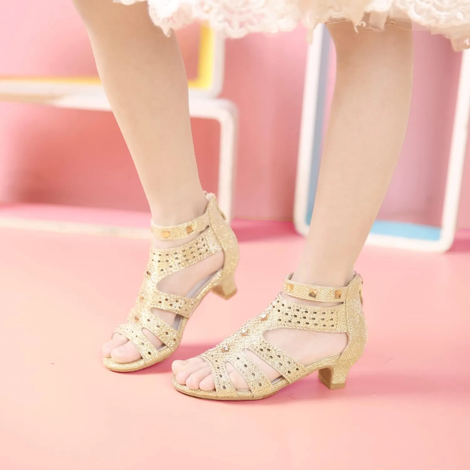 Girls High Heels Dress Pump Sandals Glitter Wedding Flower Party Princess Shoes for Kids Toddler