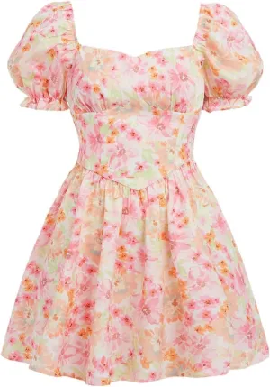 Girl's Summer Dress Floral Print Frill Puff Sleeve Sweetheart Neck A Line Short Spring Dresses