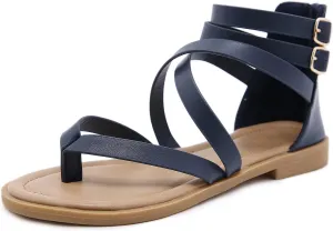Gladiator Strappy Sandals for Women: Dressy Summer Comfortable Flat, Back Zipper Roman Comfy Womens Sandals