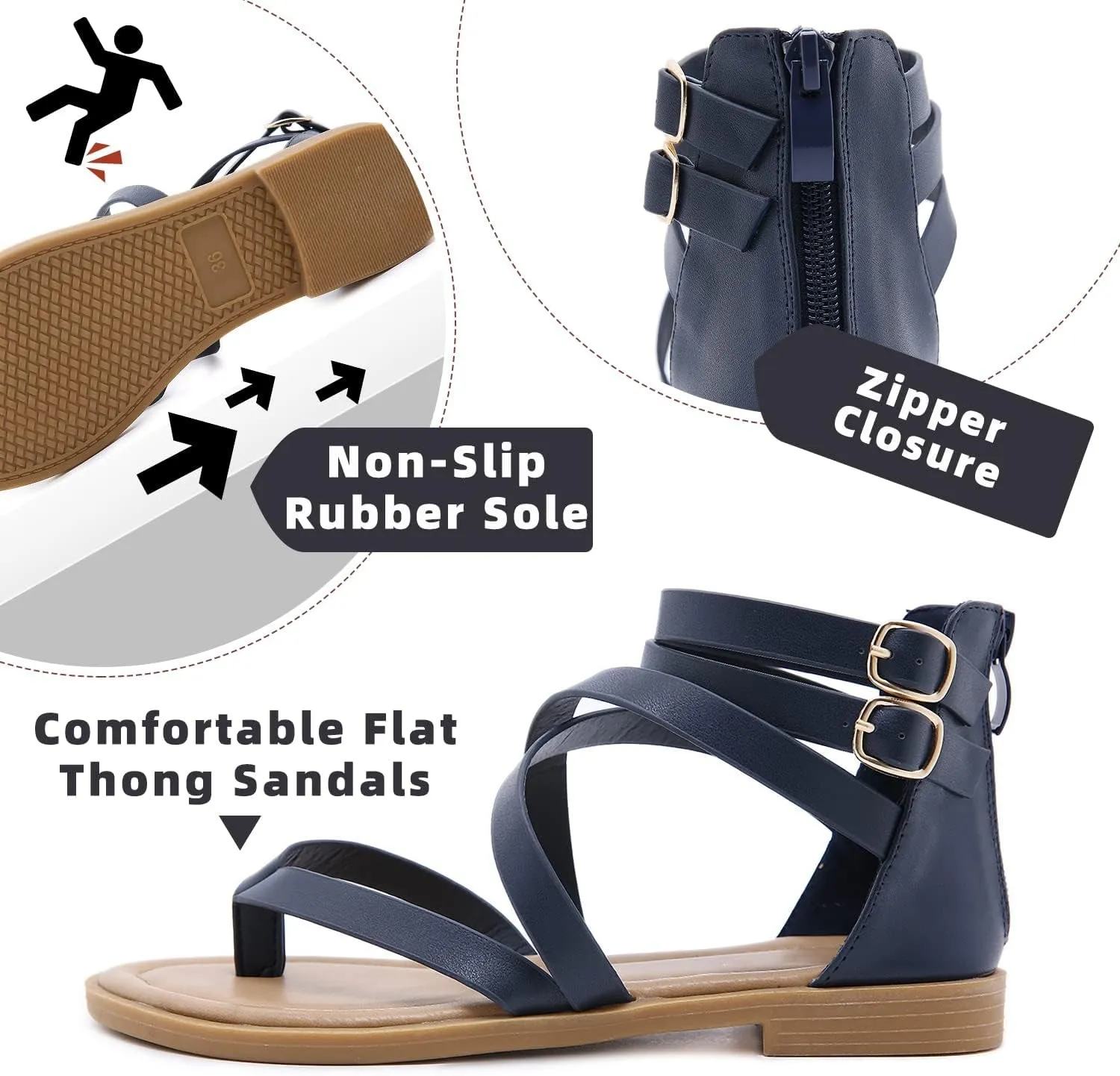 Gladiator Strappy Sandals for Women: Dressy Summer Comfortable Flat, Back Zipper Roman Comfy Womens Sandals