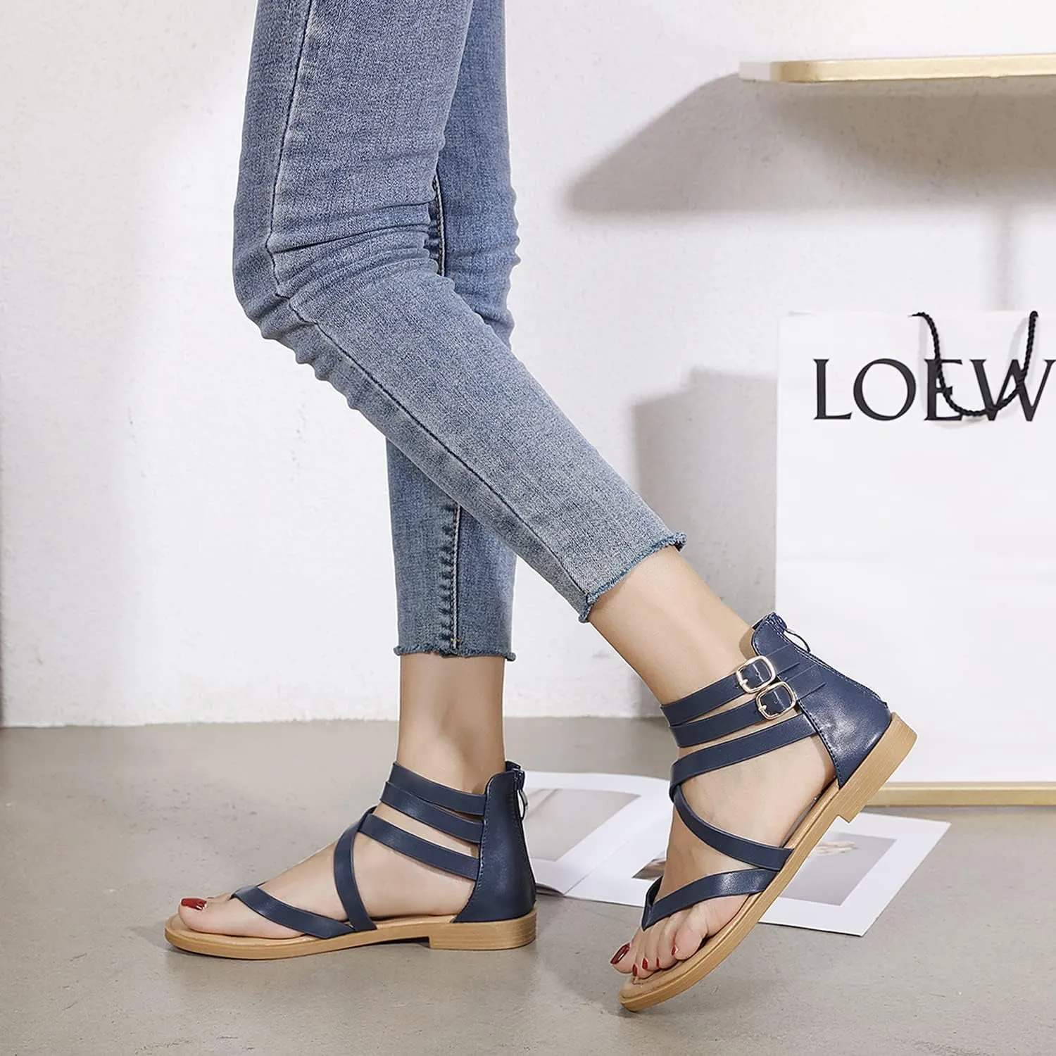 Gladiator Strappy Sandals for Women: Dressy Summer Comfortable Flat, Back Zipper Roman Comfy Womens Sandals
