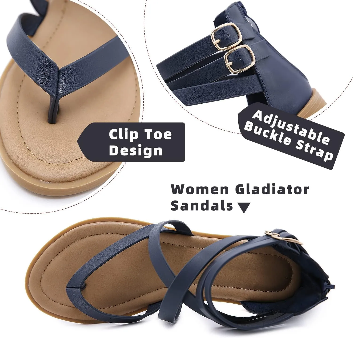Gladiator Strappy Sandals for Women: Dressy Summer Comfortable Flat, Back Zipper Roman Comfy Womens Sandals