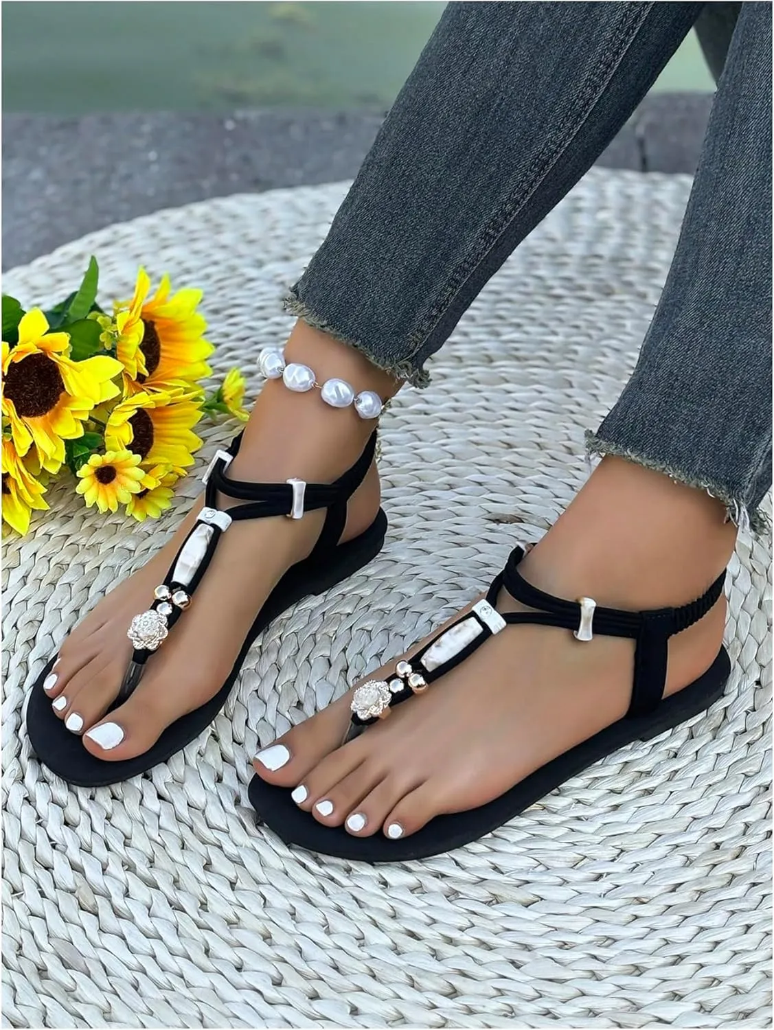GORGLITTER Women's Ankle Strap Thong Flat Sandals Beaded Open Toe Strappy Flip Flops Summer Beach Shoes
