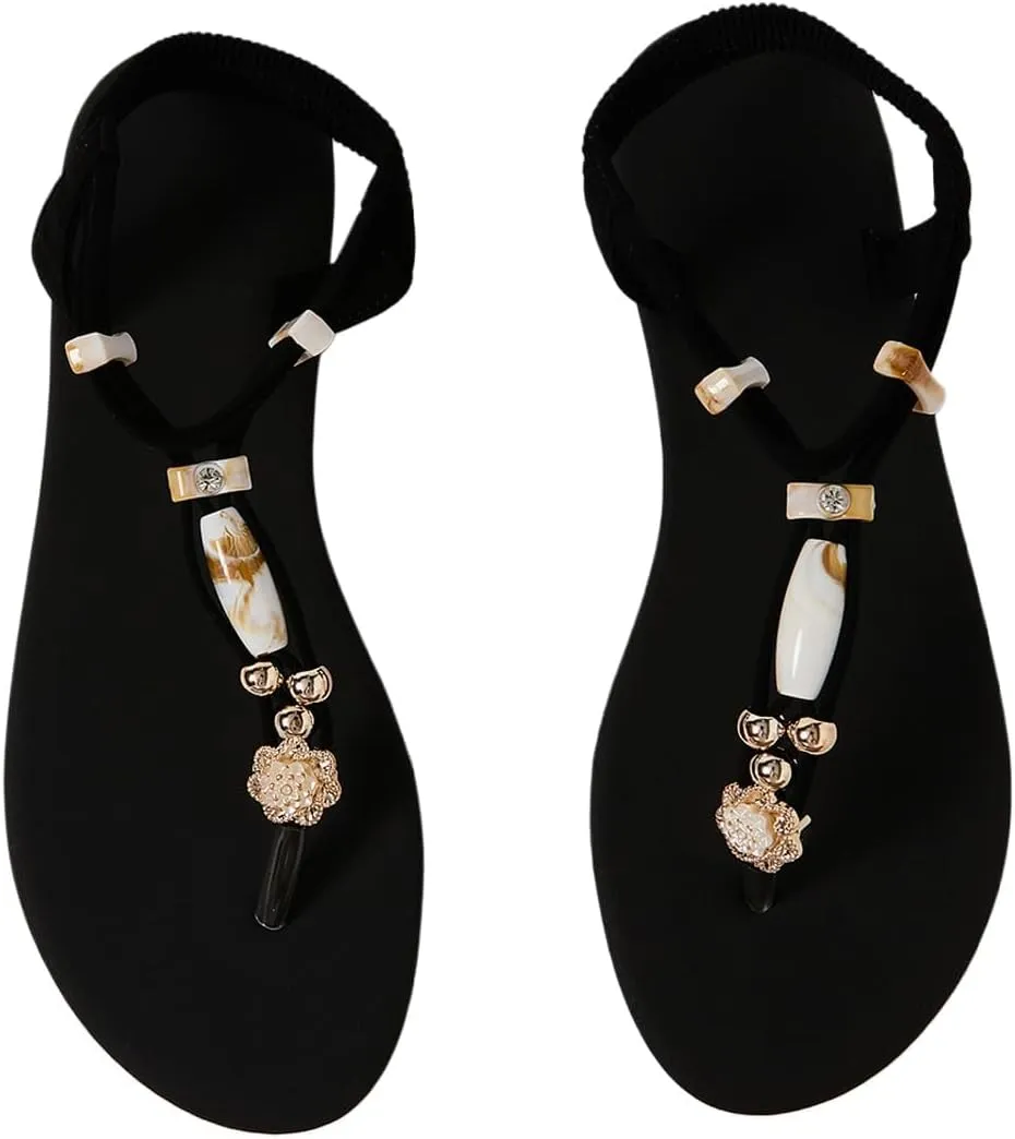 GORGLITTER Women's Ankle Strap Thong Flat Sandals Beaded Open Toe Strappy Flip Flops Summer Beach Shoes