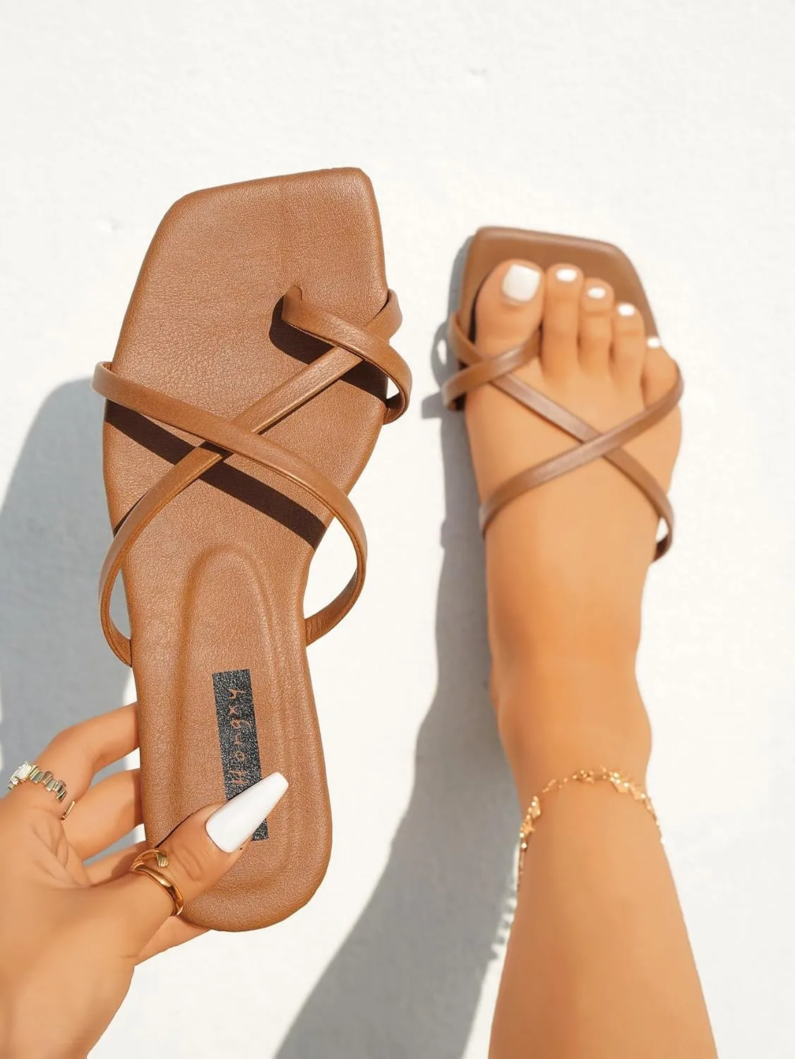 GORGLITTER Women's Cute Strappy Sandals Flat Sandals Toe Ring Summer Slide Sandal Slip on Flip Flops Vacation Trendy Sandals 2025
