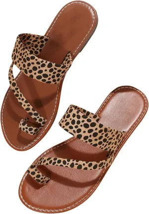 GORGLITTER Women's Leopard Cheetah Print Flat Sandals Y2K Open Toe Strappy Toe Ring Slides Flip Flops