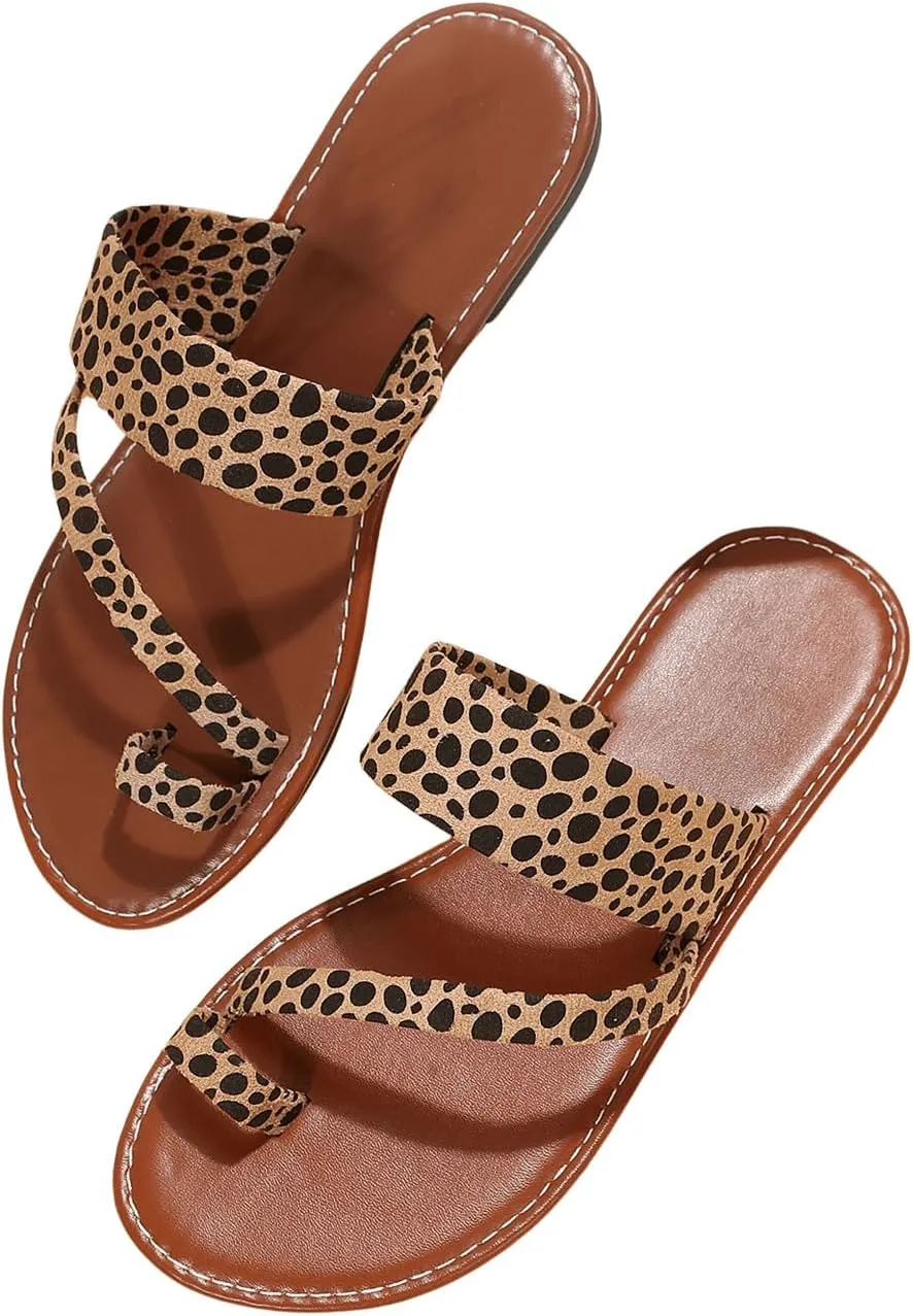 GORGLITTER Women's Leopard Cheetah Print Flat Sandals Y2K Open Toe Strappy Toe Ring Slides Flip Flops