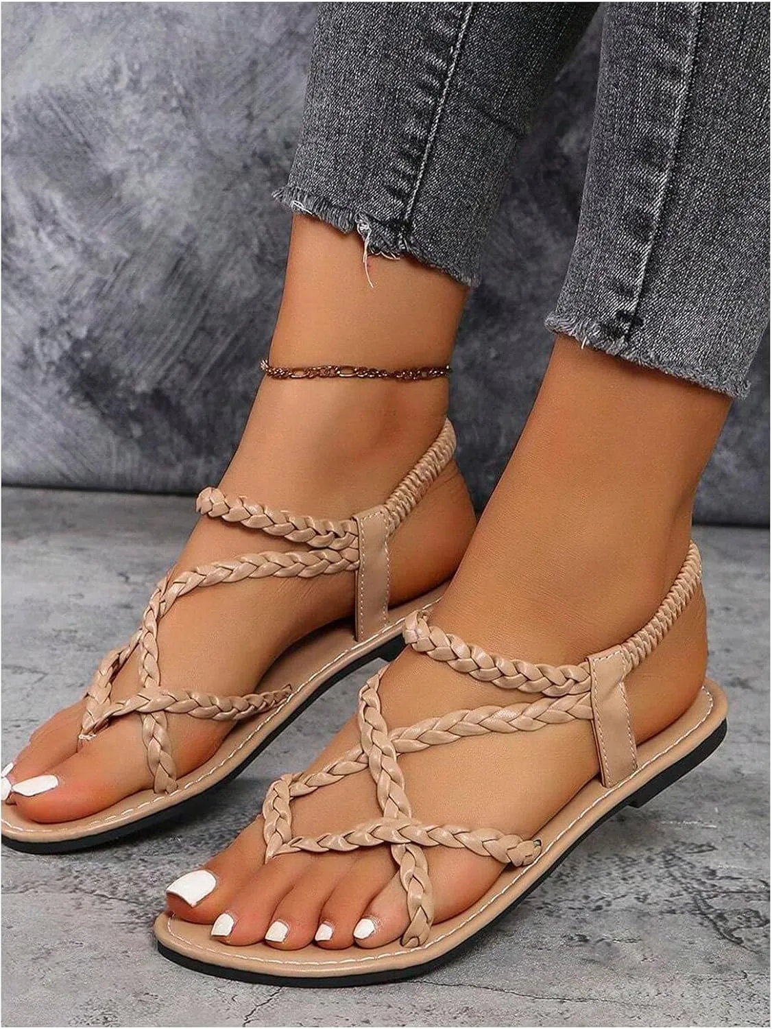 GORGLITTER Women's Strappy Flat Sandals Braided Strap Dressy Summer Sandals